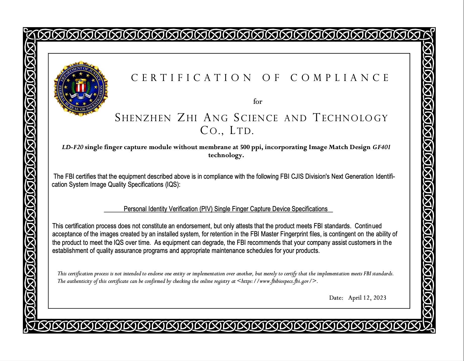 LD-F20 FAP20 certificate